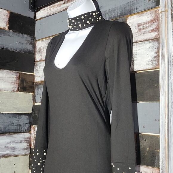 Black Bodycon Keyhole Pearl Accent Chocker Dress Size S - Picture 4 of 13
